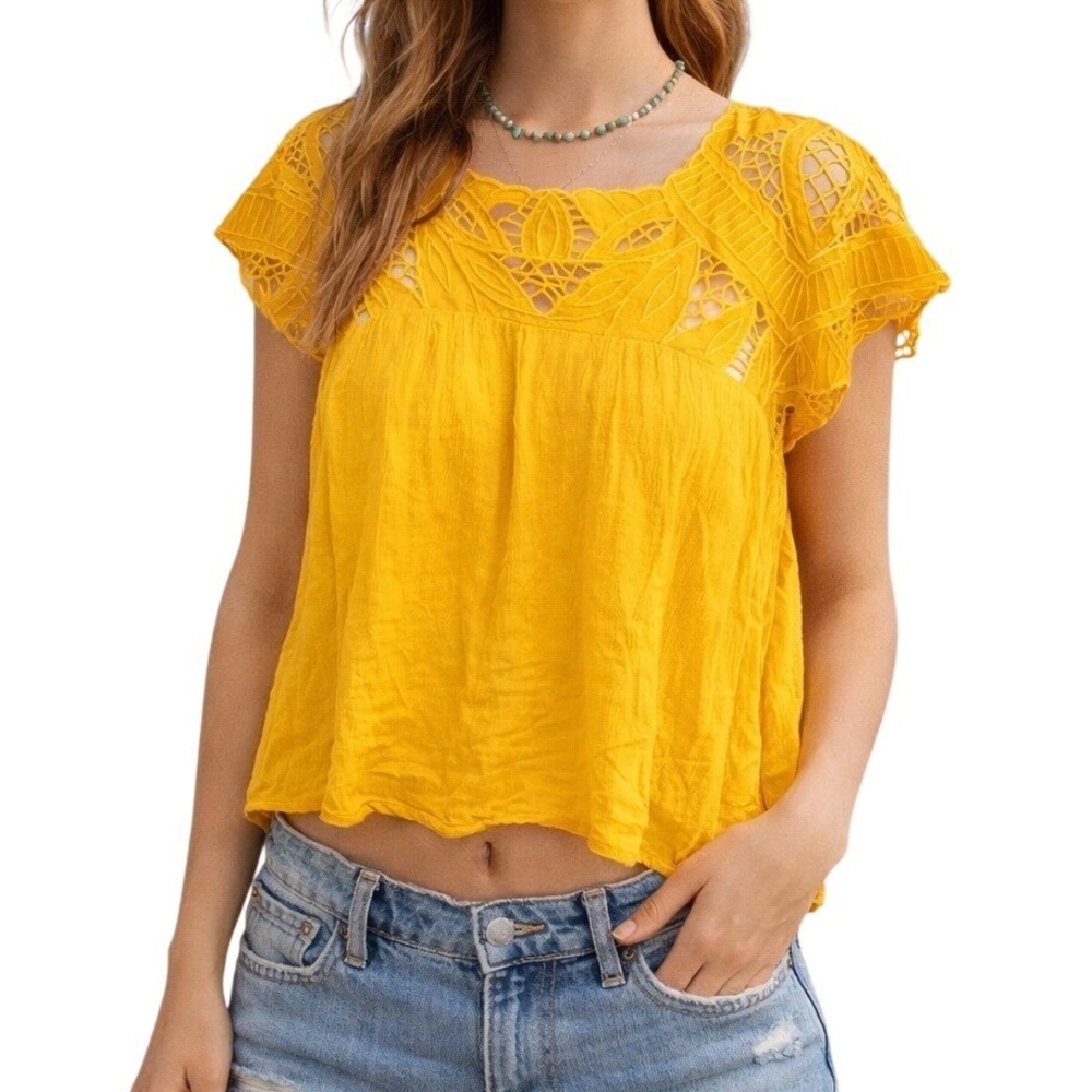 WB4 Rip Curl Women's Top Size S Yellow Crochet Lace Bohemian Blouse Shirt